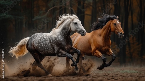  two brown and white horses running in the dirt in front of a wooded area with pine trees in the backgrounge of the picture, and a black and white horse running in the foreground.