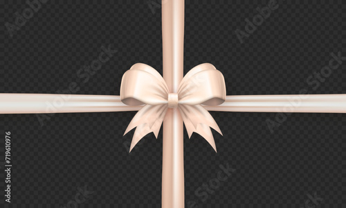 Template of white realistic 3d bow knot with crossed ribbon on transparent background. Cute pastel three dimensional criss cross tied gift bow with silk tape  for present wrapping or greeting postcard photo