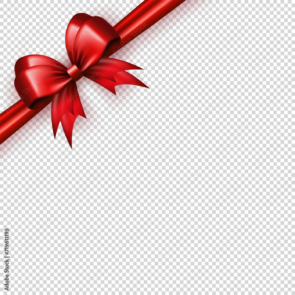 Realistic 3d bright red bow on the corner with diagonally silk ribbon