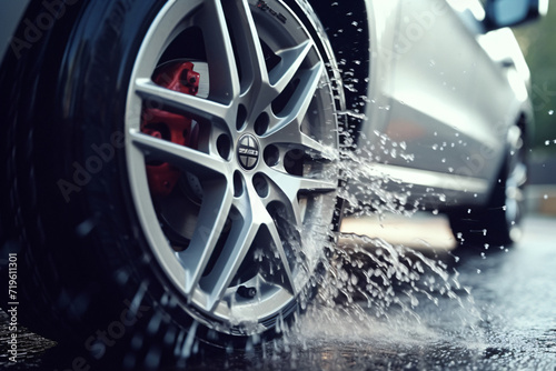 car rims, Car detailing concept, Close-up washing discs, car wash, Professional car cleaning staff