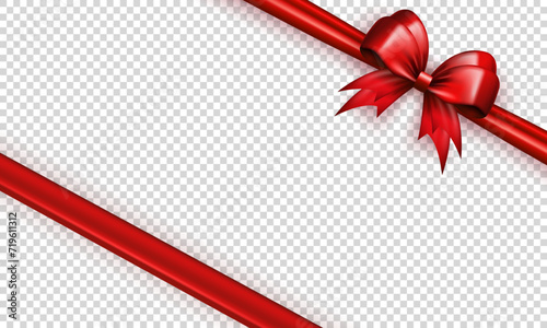 Template of red realistic 3d bow knot with crossed ribbon in the corner on transparent background. Three dimensional diagonally tied gift bow with silk tape for present wrapping or greeting postcard