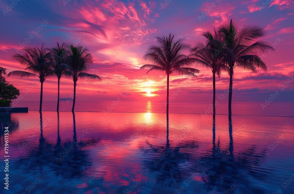the swimming pool under palm trees at sunset