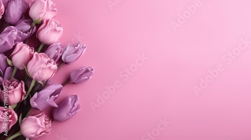 Beautiful delicate flowers on a pink background. Abstract layout of a color frame with space for text. An invitation to a wedding. The concept of International Women's Day, Mother's Day. © Cherkasova Alie