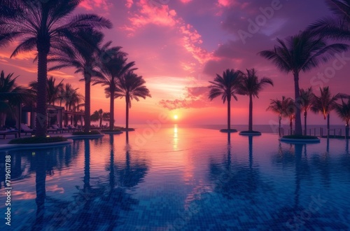 a private pool at sunset is lined with palm trees © olegganko