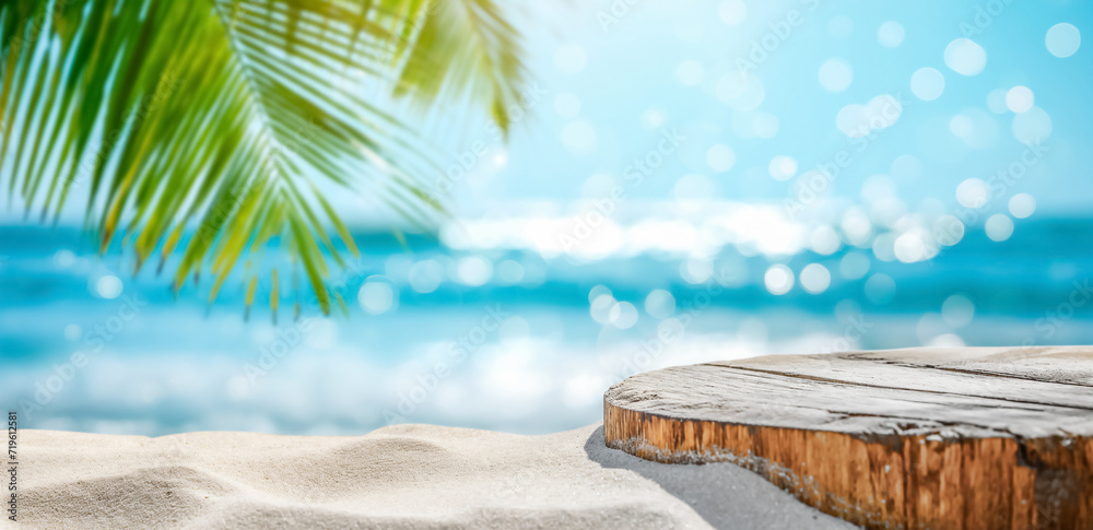 Summer product display on wooden podium at sea bokeh tropical beach. sandy beach with Palm trees and turquoise sea background, close up. Vacation concept - obrazy, fototapety, plakaty 