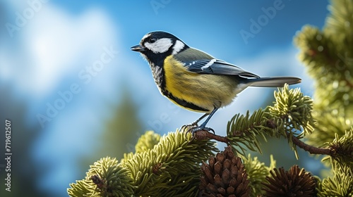 tit sitting on a spruce branch with a pine cone photo