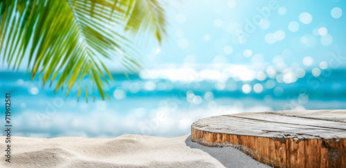 Summer product display on wooden podium at sea bokeh tropical beach. sandy beach with Palm trees and turquoise sea background, close up. Vacation concept photo