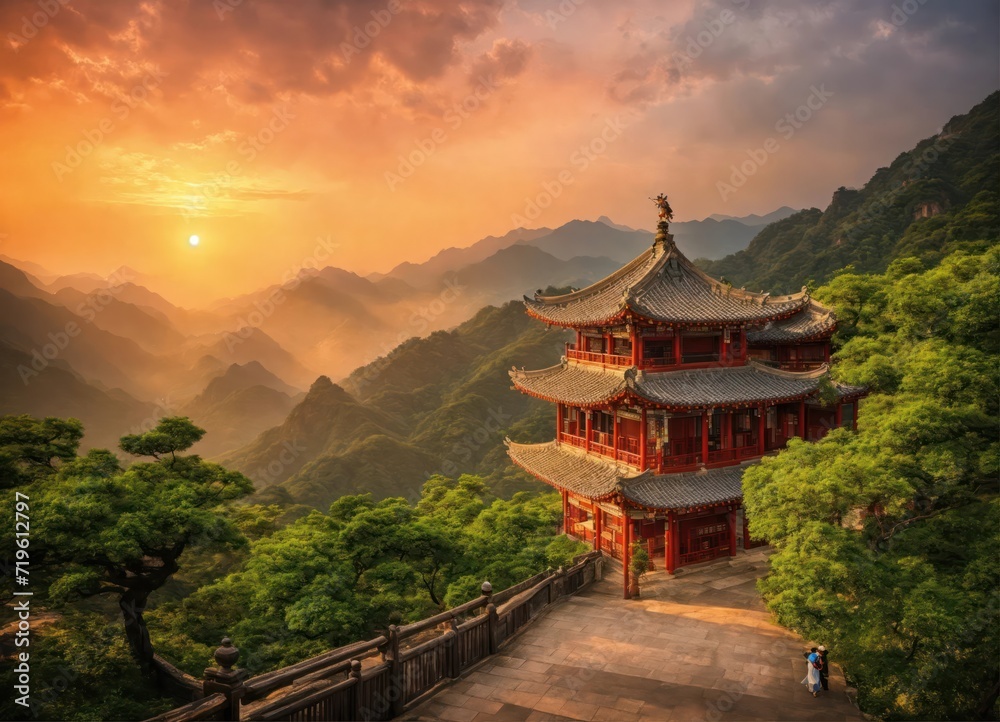 Beautiful view of the eastern mountains, and a Chinese-style house from above. Spring Beautiful view of the eastern mountains, and a Chinese-style house from above. Spring