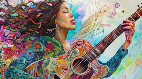Beautiful girl with a guitar on the background of colorful graffiti
