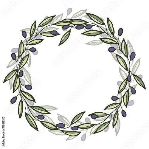 Circle wreath frame of olive branches and berries.