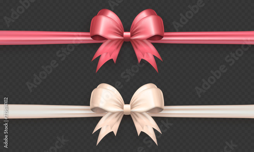 Collection of pink and white realistic 3d bows with horizontal ribbon on transparent background. Pastel colored three dimensional bow knot with silk tape as gift wrapping element or present decoration