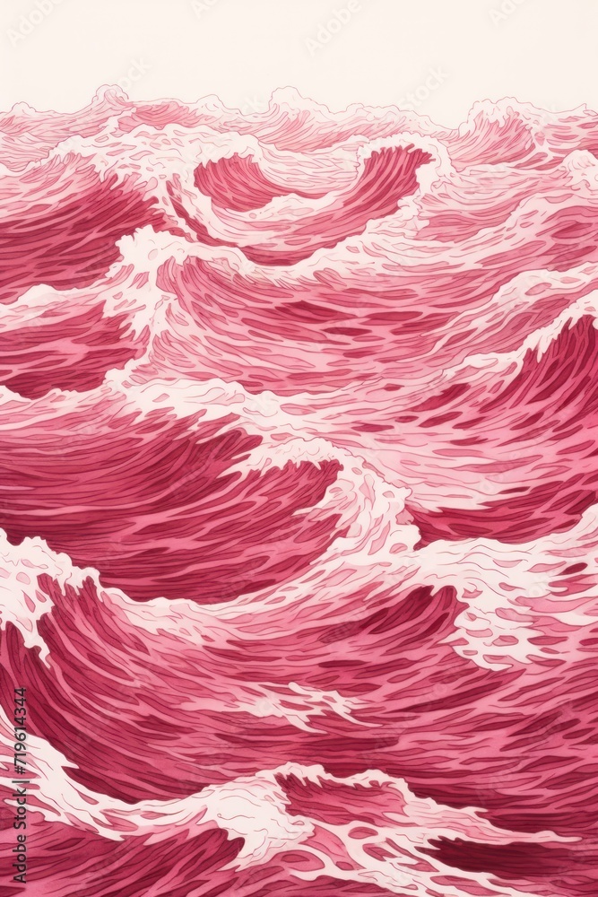 Minimal pen illustration sketch burgundy & white drawing of an ocean