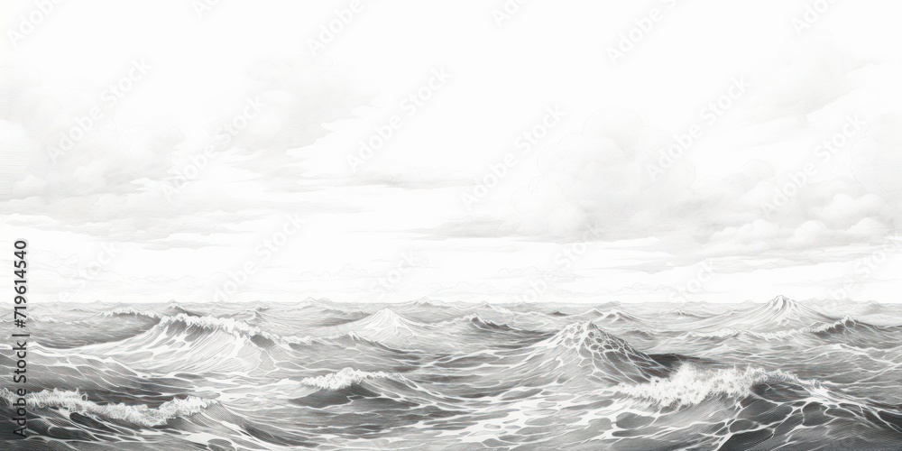 Minimal pen illustration sketch burgundy & white drawing of an ocean - obrazy, fototapety, plakaty 