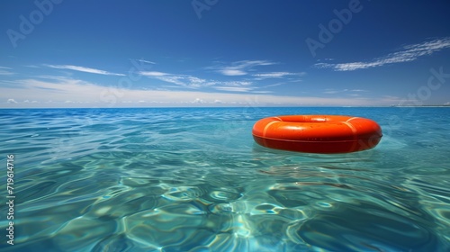 Lifebuoy floating in the vast open sea with clear blue skies and calm waters on a sunny day