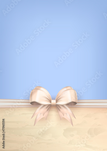 Design of blank soft blue vertical card with pastel beige 3d bow and golden border with empty space for greeting text. Banner with realistic white bow with horizontal ribbon as frame for holidays 