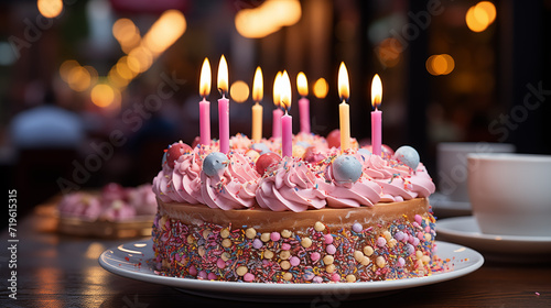 Colored birthday cake with different colored candles. Colored lights and confetti