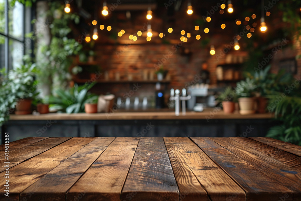 Empty wooden table with blurred background of cafe and restaurant.