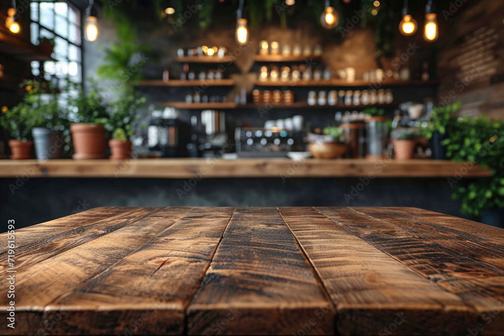 Empty wooden table with blurred background of cafe and restaurant.