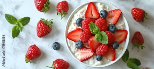 Wholesome oatmeal porridge with berries on white table   ideal for a healthy breakfast.