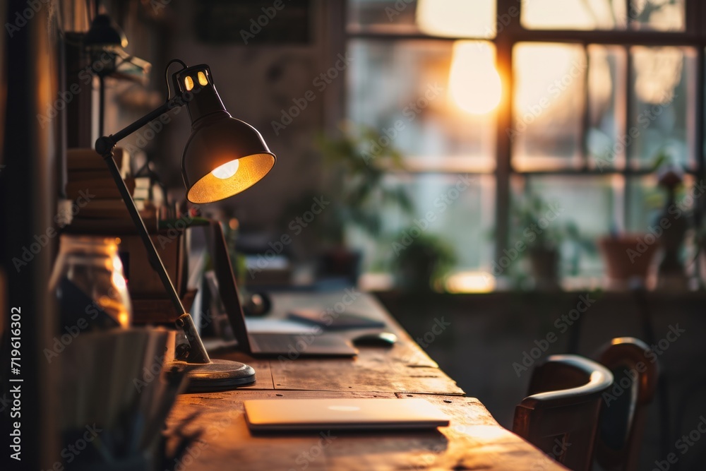 A desk lamp illuminates an office space, providing ample copy space