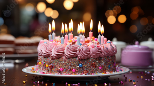 Colored birthday cake with different colored candles. Colored lights and confetti