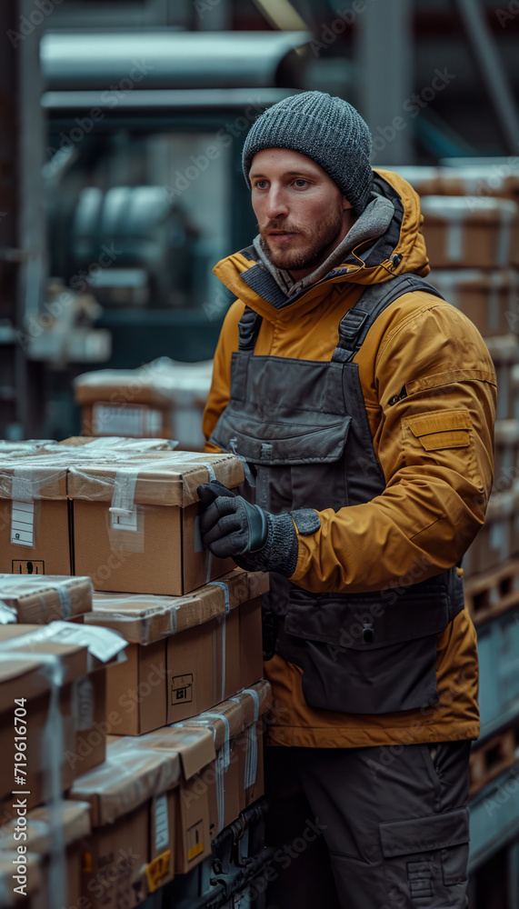 Man in overalls delivering boxes in a facility. A man wearing a yellow jacket stands beside a collection of boxes. Man in overalls delivering boxes in a facility. A man wearing a yellow jacket stands beside a collection of boxes.