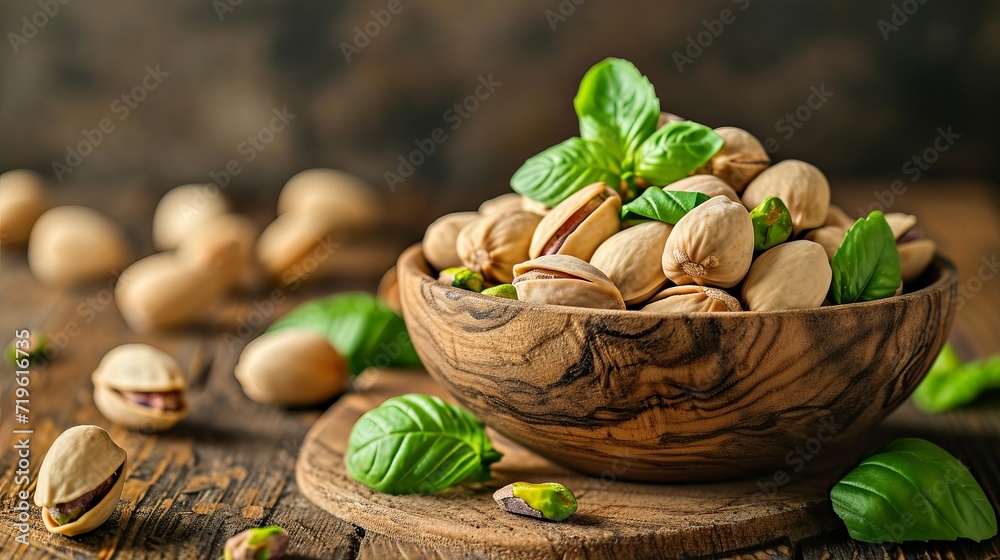Healthy and delicious pistachio nuts in a wooden bowl on a rustic table   a nutritious snack option