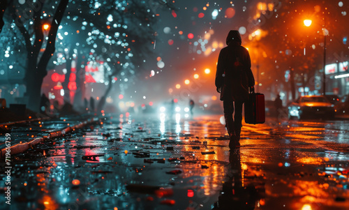 A space astronaut walking. A person wearing a red raincoat walks down a busy city street, holding an umbrella to shield themselves from the rain.