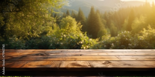 Sunlight illuminates a wooden dining table in a landscape.