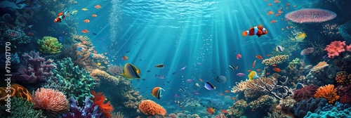 Beautiful underwater coral reef scenery with anemone and fishes