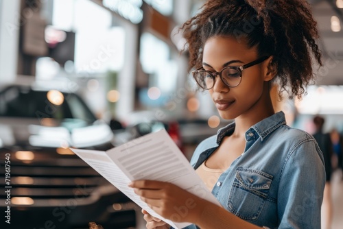 A young lady perusing a car loan agreement at a dealership photo