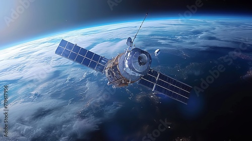 Futuristic telecom satellite with data hologram for internet and gps services orbiting earth