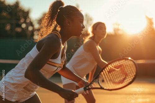 Two athletic young women playing tennis in the sunshine photo