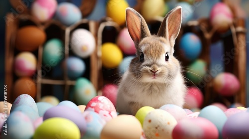 A cute Easter bunny among the colored Easter eggs. One funny, fluffy rabbit and many colorful eggs. Easter holiday.