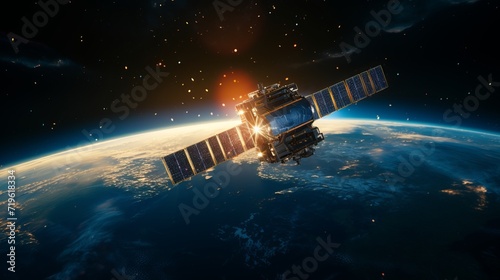 Futuristic telecom satellite orbiting earth with holographic data for internet and gps services