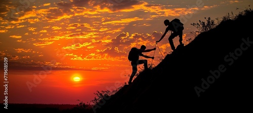 Group of friends helping each other climb together as a team to reach the majestic mountain peak