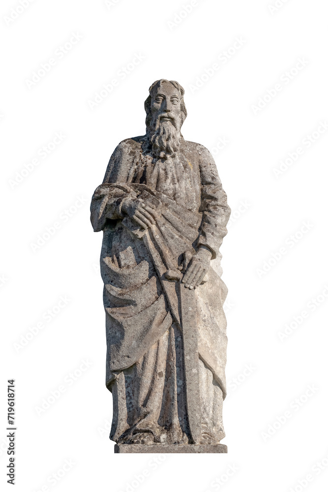 St. apostle Paul with with sword and book in his hands. Old fragment decor of church facade. Isolate (Christianity, faith concept)