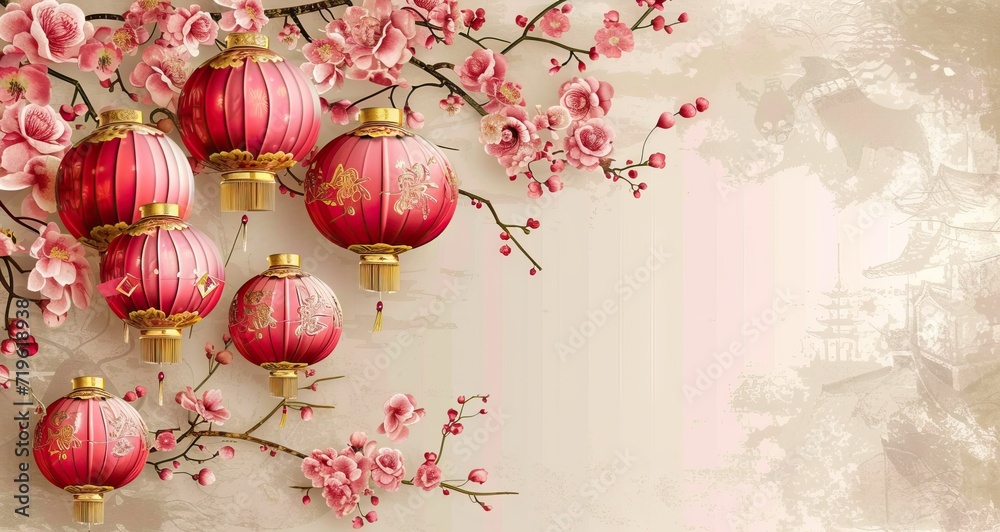 Happy Chinese New Year Background template. Luxury emerald color background with chinese ornament. Red Asian latterns lamp with clouds and frame for your design. AI generated illustration