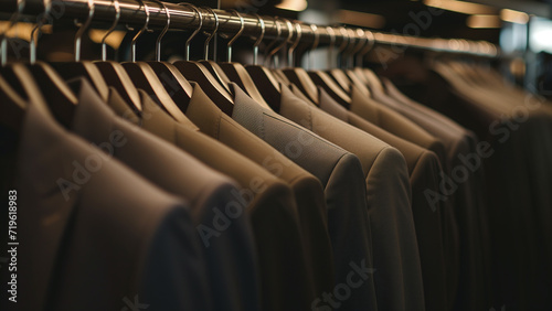 Tailored Blur: Suits Hanging in a Classic Tailor Shop, Shot Out of Focus