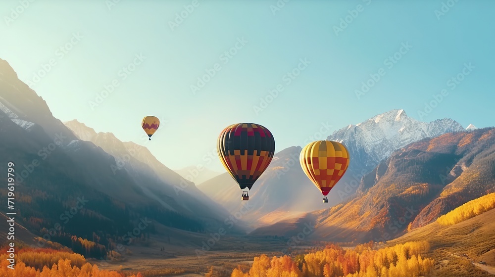 Fototapeta premium Colorful hot air balloons flying over mountain