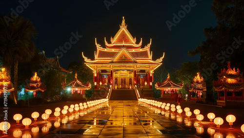 Luminous Devotion  A Night Scene of a Temple on Buddha   s Birthday