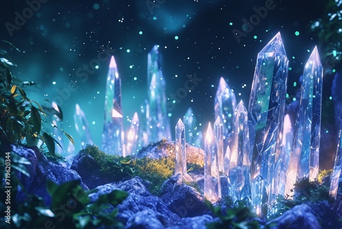 Glowing crystal shards suspended in a digital ocean