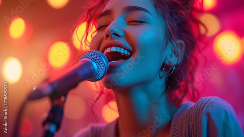 happy beautiful girl sings in karaoke, blurred background with copy space