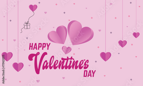 valentines day banner with hearts and happy valentine day text in pink color, vector graphic illustration isolated and editable, pink background