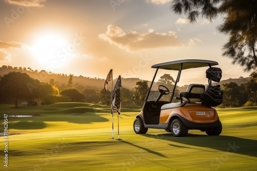 Electric golf car on a field, and man with bag on background photo