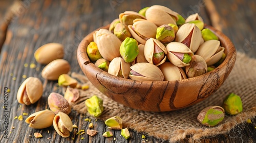 Pistachio nuts in bowl on wooden table healthy snack and nutritious food option