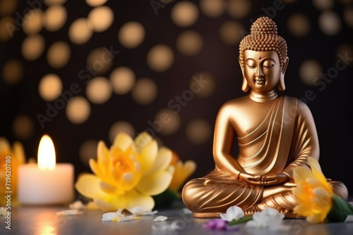 Mahavir Jayanti  religious festival  sacred deity  bronze Buddha figure  statuette  candles  lotuses and bokeh effect