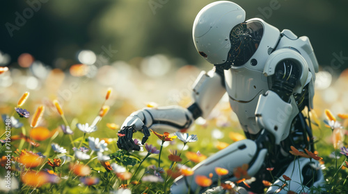 Botanical Bliss: White Robot Harvesting a Summer Meadow Bouquet. Generative AI
