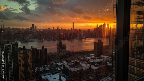 Urban Serenity: Gazing at a Rain-Soaked City at Sunset from a Penthouse