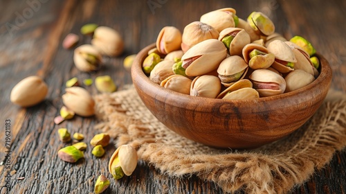 Pistachio nuts in bowl on wooden table healthy snack and nutritious food option